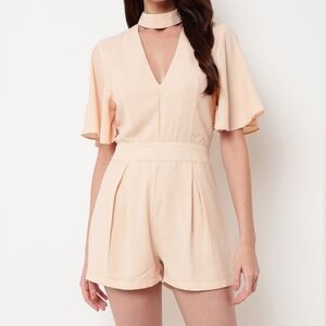 Lucy Wang Choker V-Neck Peach Size S Flouncy Sleeve Shorts Romper AC-2621